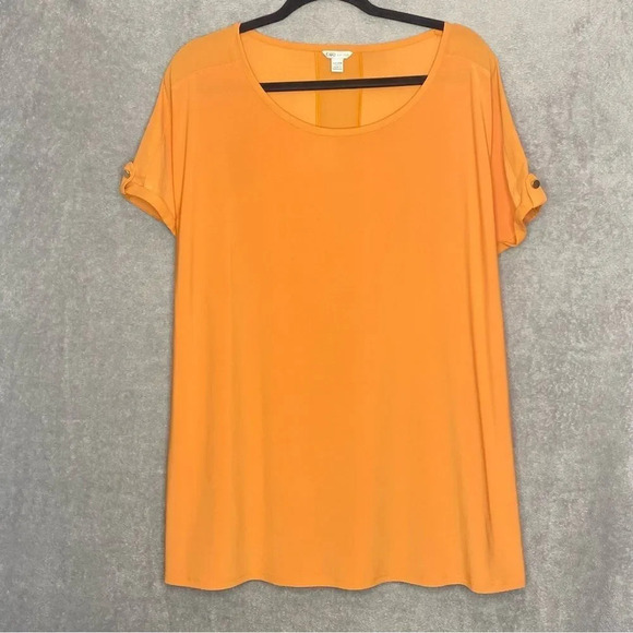 Cato 22 24W 2X Top Shirt Orange Solid Short Sleeve Scoop Neck Stretch Casual P11 - Picture 1 of 8